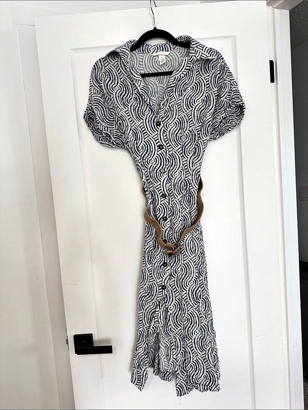 H&M Tie-Belt Shirt Dress Geometric Midi Blue & White